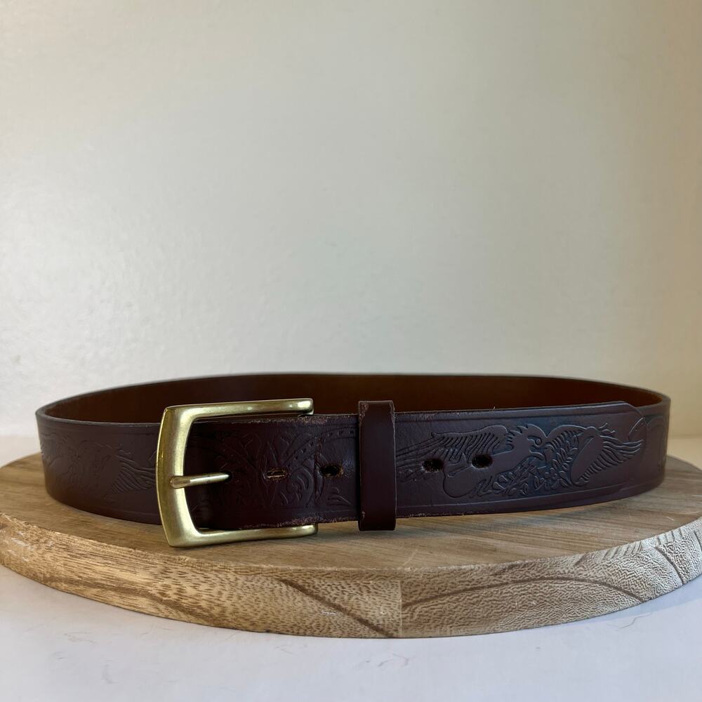Wrangler Brown Genuine Leather Eagle Tooled Western Belt Unisex Size Large